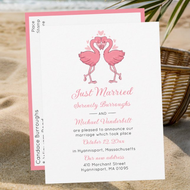 Cartão Postal De Anúncio Tropical Pink Flamingo Beach Hawaiian Just Married (Criador carregado)