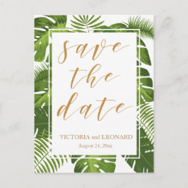 Cartão Postal De Anúncio Tropical salve a data dourada | Cartaz de casament