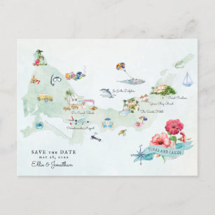 Cartão Postal De Anúncio Turcos e Caicos   Mapa Itinerário de Casamento de 