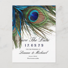 Cartão Postal De Anúncio Turquesa Marinho Pena de Pavão Boho Salvar a Data