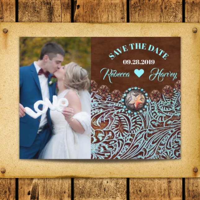 Cartão Postal De Anúncio turquesa marrom casamento ocidental salvar a data (turquoise brown western wedding save the date announcement postcard)