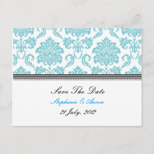 Cartão Postal De Anúncio Turquoise Damask Save the Date Postcard
