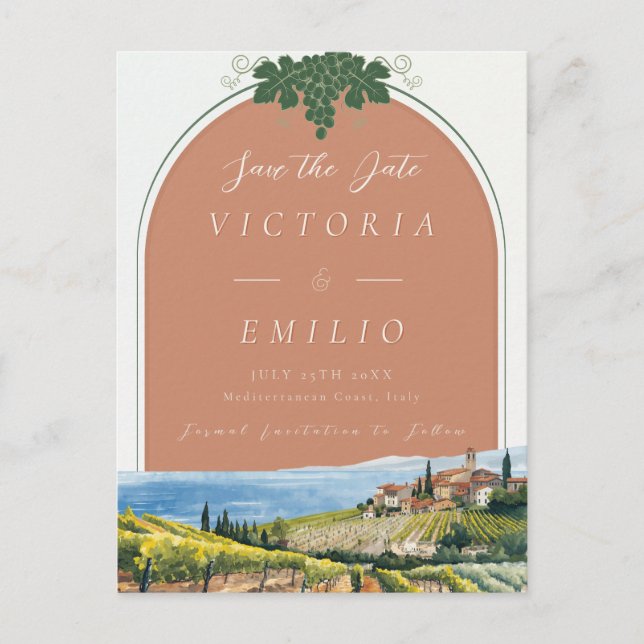 Cartão Postal De Anúncio Tuscan Vineyard Terracotta Save the Date Card (Frente)