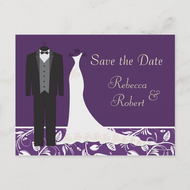 Cartão Postal De Anúncio Tuxedo e Gown Weding Save the Date Postcard (Frente)