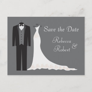 Cartão Postal De Anúncio Tuxedo e Gown Weding Save the Date Postcard