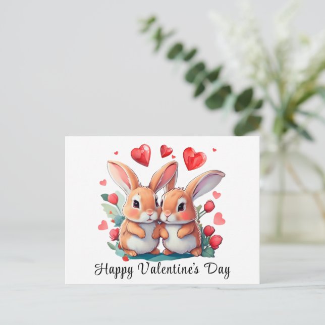 Cartão Postal De Anúncio Um par de coelhinhos engraçados em aquarela (Em pé/Frente)