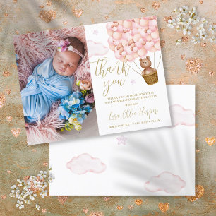 Cartão Postal De Anúncio Ursa Balões Cor-de-Rosa Obrigado Bebê Foto Nascime