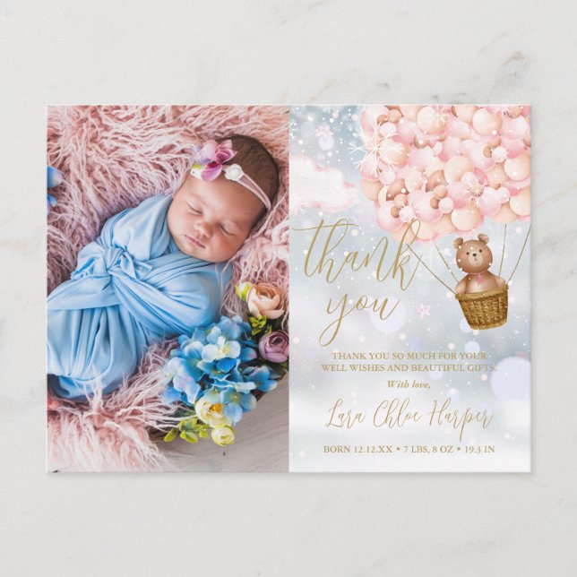 Cartão Postal De Anúncio Urso de Balões Rosa Agradece Foto Inverno Bebê (Frente)
