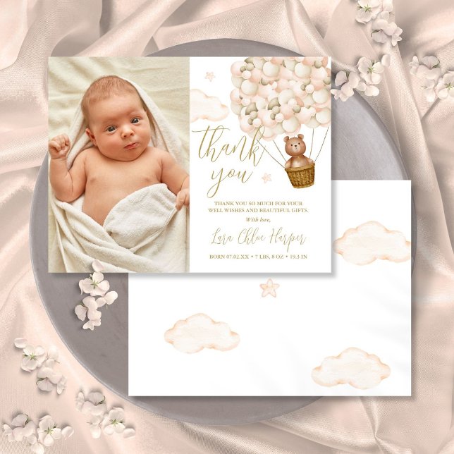 Cartão Postal De Anúncio Urso Fofo E Balões Obrigado Bebê Foto Nascimento (Cute Bear And Balloons Thank You Baby Photo Birth Announcement Postcard)