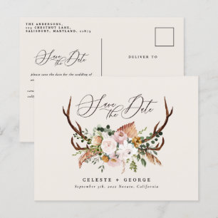Cartão Postal De Anúncio Veado botânico rústico casamento elegante verde-sa