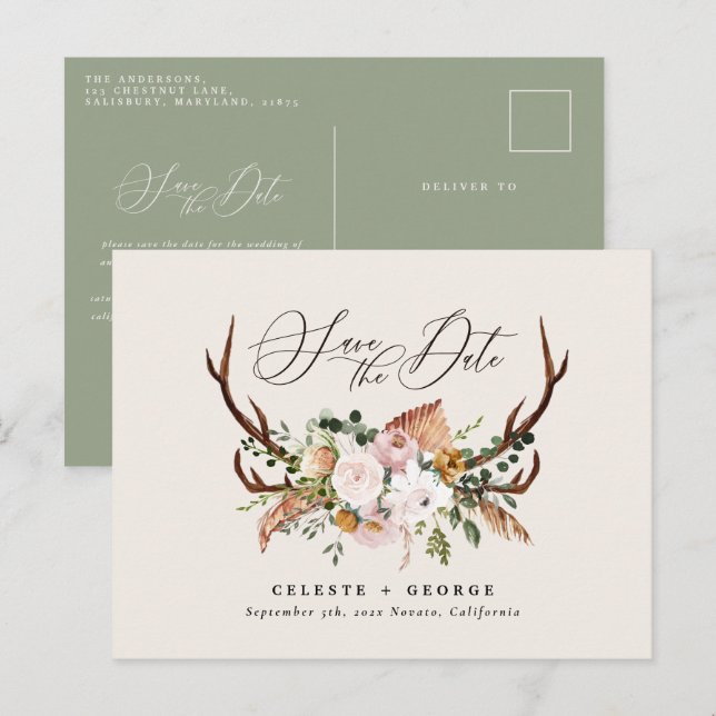 Cartão Postal De Anúncio Veado botânico rústico casamento verde salvia eleg (Frente/Verso)