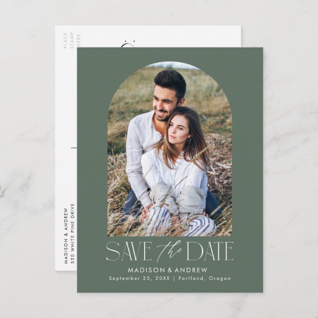 Cartão Postal De Anúncio Verde | Foto Moderna Arco Salvar a Data (Frente/Verso)