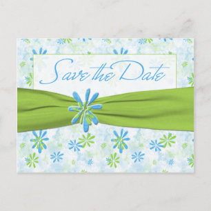 Cartão Postal De Anúncio Verde limão e Azul Floral Salve o Cartão-Postal de
