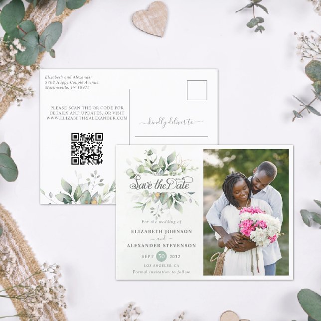Cartão Postal De Anúncio Verde russo elegante casamento eucalipto código QR (Criador carregado)
