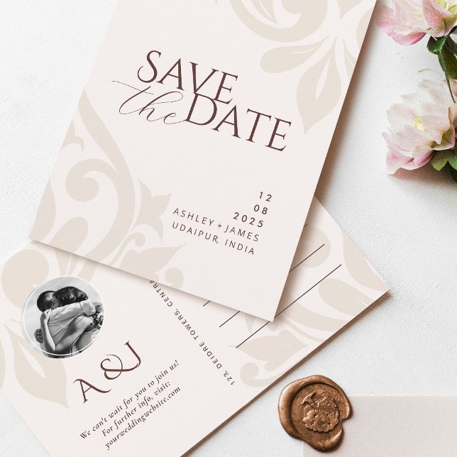 Cartão Postal De Anúncio Vermelho Mogno Marfim Foto Casamento Salve a Data  (Criador carregado)