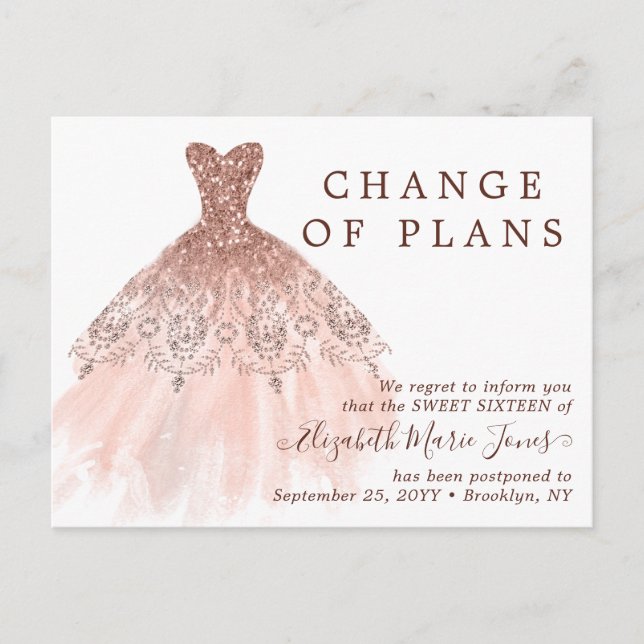 Cartão Postal De Anúncio Vestido Rose Gold Doce 16 Aniversário Mudar a Data (Frente)