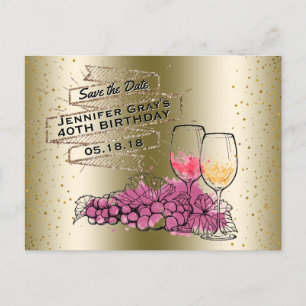 Cartão Postal De Anúncio Vinho Glam Gold Salve a Data Elegante Aniversário