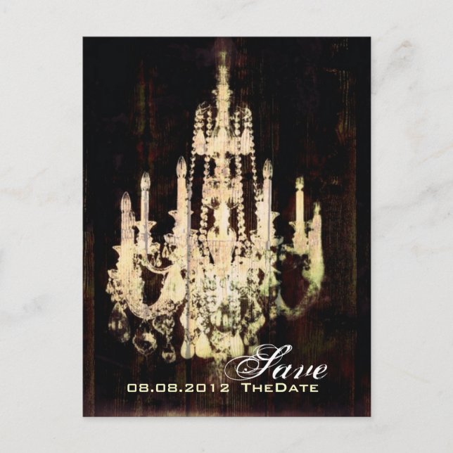 Cartão Postal De Anúncio Vintage Barn Wood Chandelier Wedding salvar data (Frente)