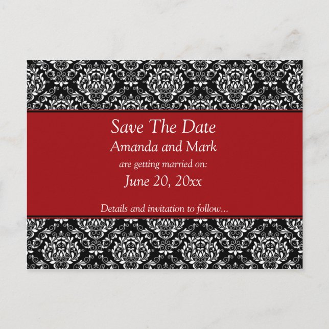 Cartão Postal De Anúncio Vintage Black White Damask Save Date (Vintage Blac (Frente)