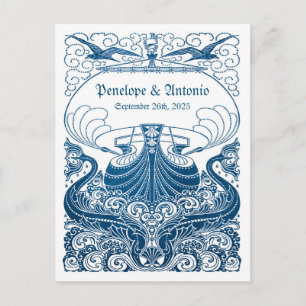 Cartão Postal De Anúncio Vintage Blue Foil Casamento Salva a Data