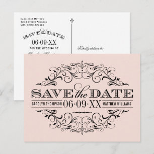 Cartão Postal De Anúncio Vintage Blush Black Flourish Casamento Salve a Dat