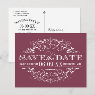 Cartão Postal De Anúncio Vintage Burgundy Flourish Casamento Salve a Data