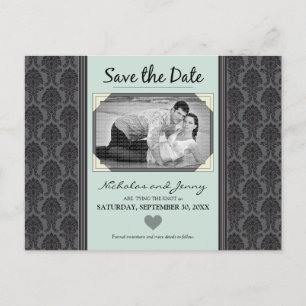 Cartão Postal De Anúncio Vintage Damask Photo Sage Green Save Date (Vintage