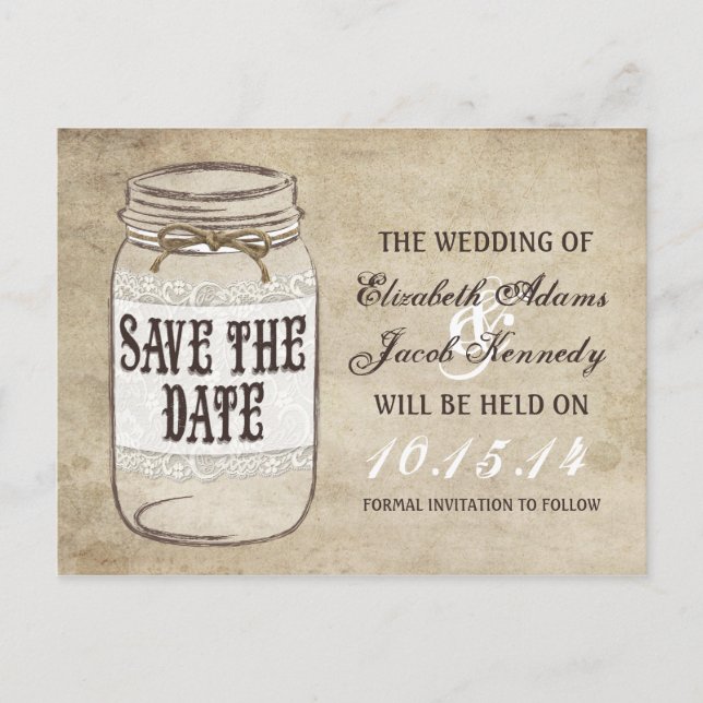 Cartão Postal De Anúncio Vintage Elegance Mason Jar Twine Salvar data (Frente)