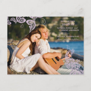 Cartão Postal De Anúncio Vintage Floral Pavão Roxo Foto Salvar a Data