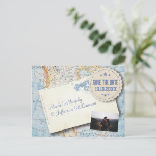 Cartão Postal De Anúncio Vintage Map Foto Casamento Salvar A Data