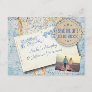 Cartão Postal De Anúncio Vintage Map & Postcard Weding The Date