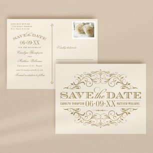 Cartão Postal De Anúncio Vintage Marfim Dourado Florescer Save the Date