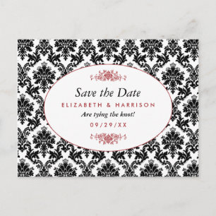 Cartão Postal De Anúncio Vintage Red, Black & White Damask Save Date (Dano