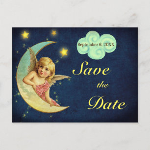 Cartão Postal De Anúncio Vintage Save the Date Estrela Lua Asas de Anjo Que