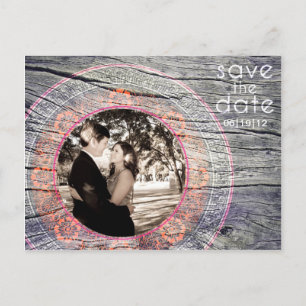 Cartão Postal De Anúncio Vintage Wood - Custom Save Date - Coral+Fushia