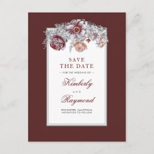 Cartão Postal De Anúncio Vintagem Floral Vermelha Burgundy Salvar a Data