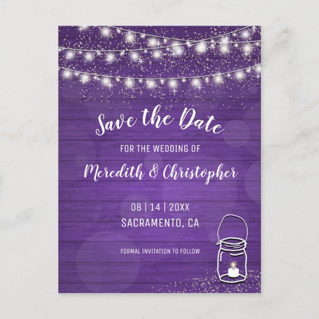 Cartão Postal De Anúncio Violet Rustic Mason Jar Wedding Salvar Data (Frente)