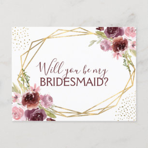 Cartão Postal De Anúncio Você Será Minha Brurgundy Floral De Bridesmaid?