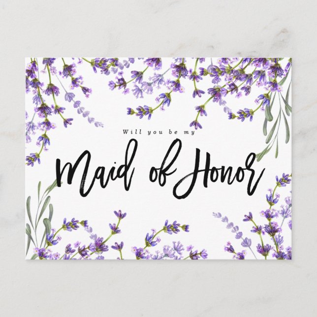 Cartão Postal De Anúncio você será minha madrinha de casamento boho lavanda (Frente)