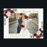 Cartão Postal De Anúncio Watercolor Burgundy Blue Floral Gold Salvar a Data<br><div class="desc">Watercolor Floral Burgundy Blue Salva O Cartão-Postal Do Noivado De Data</div>