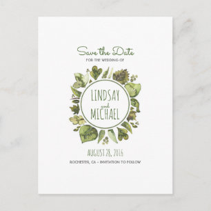 Cartão Postal De Anúncio Watercolor Laurel - Greenery Wreath Salvar a Data