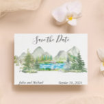 Cartão Postal De Anúncio Watercolor Save the Date Mountain Forest River<br><div class="desc">Este design pode ser personalizado na área fornecida pela alteração da foto e/ou do texto. Ou pode ser personalizado clicando em Personalizar este Modelo e, em seguida, escolhendo o clique para personalizar mais a opção e excluir ou alterar a cor do plano de fundo, adicionar texto, alterar a cor ou...</div>