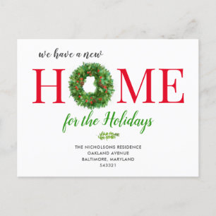 Cartão Postal De Anúncio Watercolor Wreath Berry New Home  Mudámos