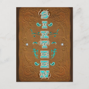 Cartão Postal De Anúncio Western Rustic Marrom & Turquesa SIXTEEN 16 Festa