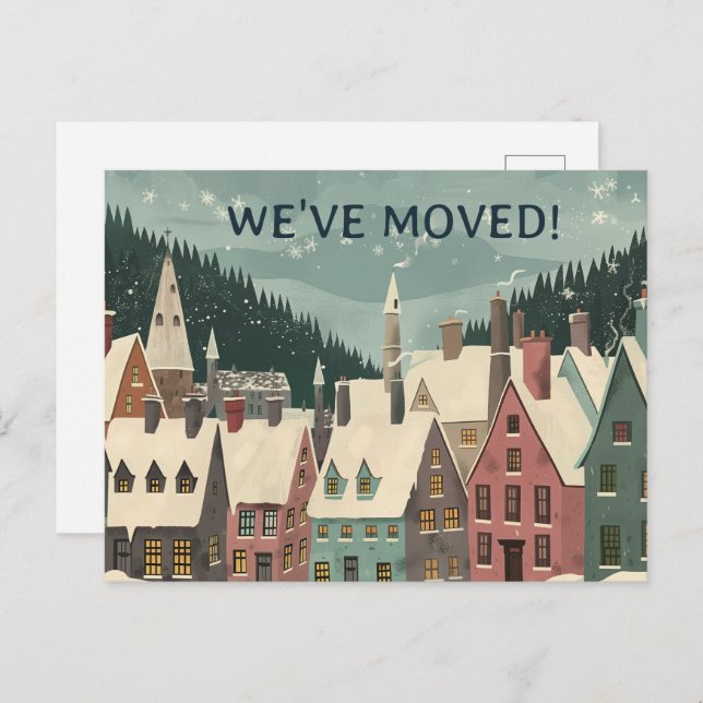 Cartão Postal De Anúncio We've Moved Whimsical Winter House Change Address (Frente/Verso)