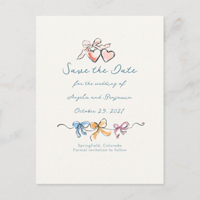 Cartão Postal De Anúncio Whimsical Funky Hand Drawn Bows Save The Date (Frente)
