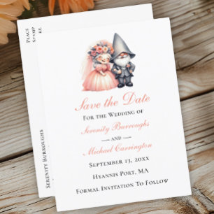 Cartão Postal De Anúncio Whimsical Gnome Woodland Laranja Casamento Data de