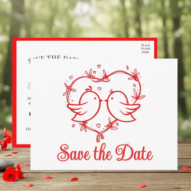 Cartão Postal De Anúncio Whimsical Lovebirds Boho Red Wedding Save the Date (Criador carregado)