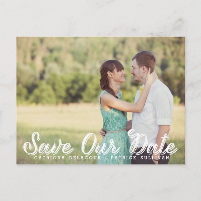 Cartão Postal De Anúncio White Rustic Script Photo Save Our Date Postcard (Frente)
