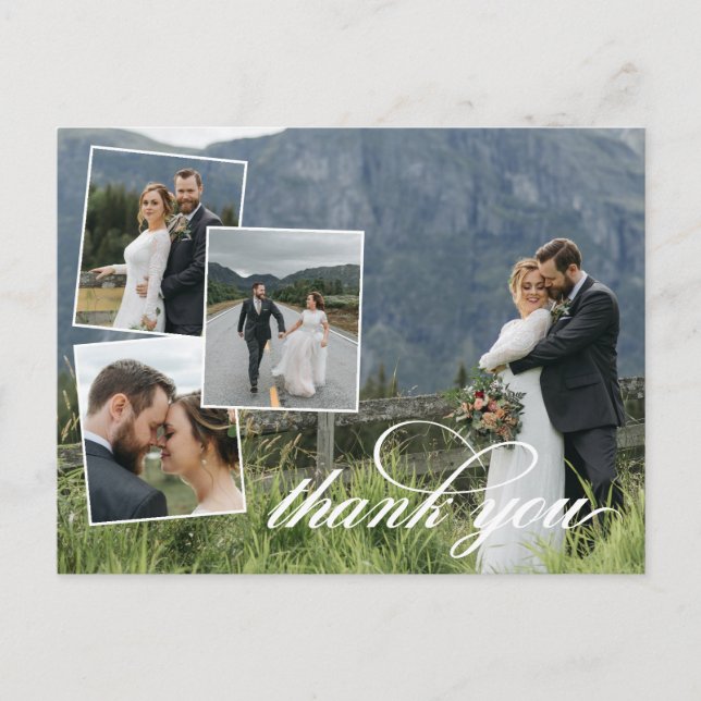 Cartão Postal De Anúncio White Script Obrigado Foto de Casamento Collage An (Frente)